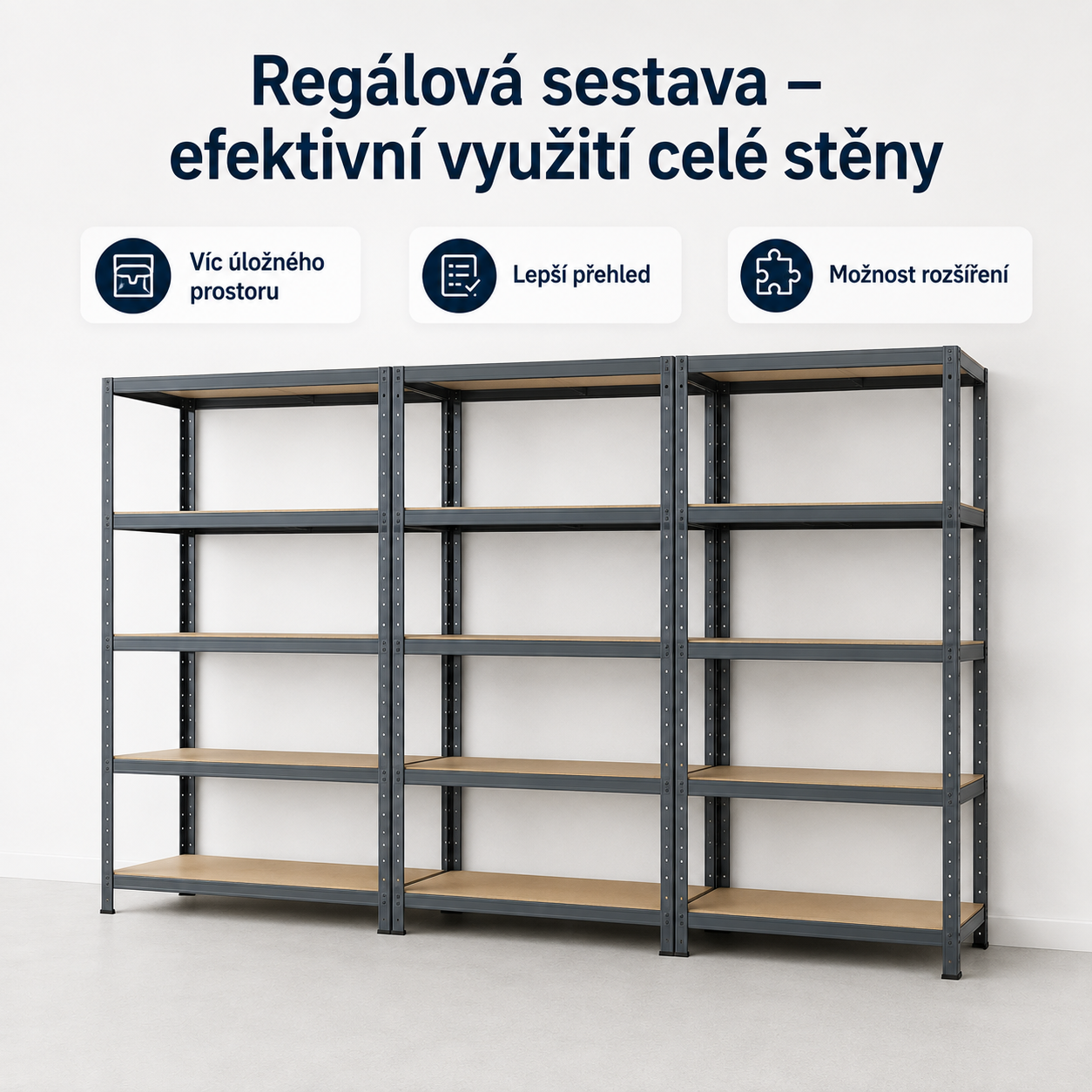 Regálová sestava efektivní využití celé stěny